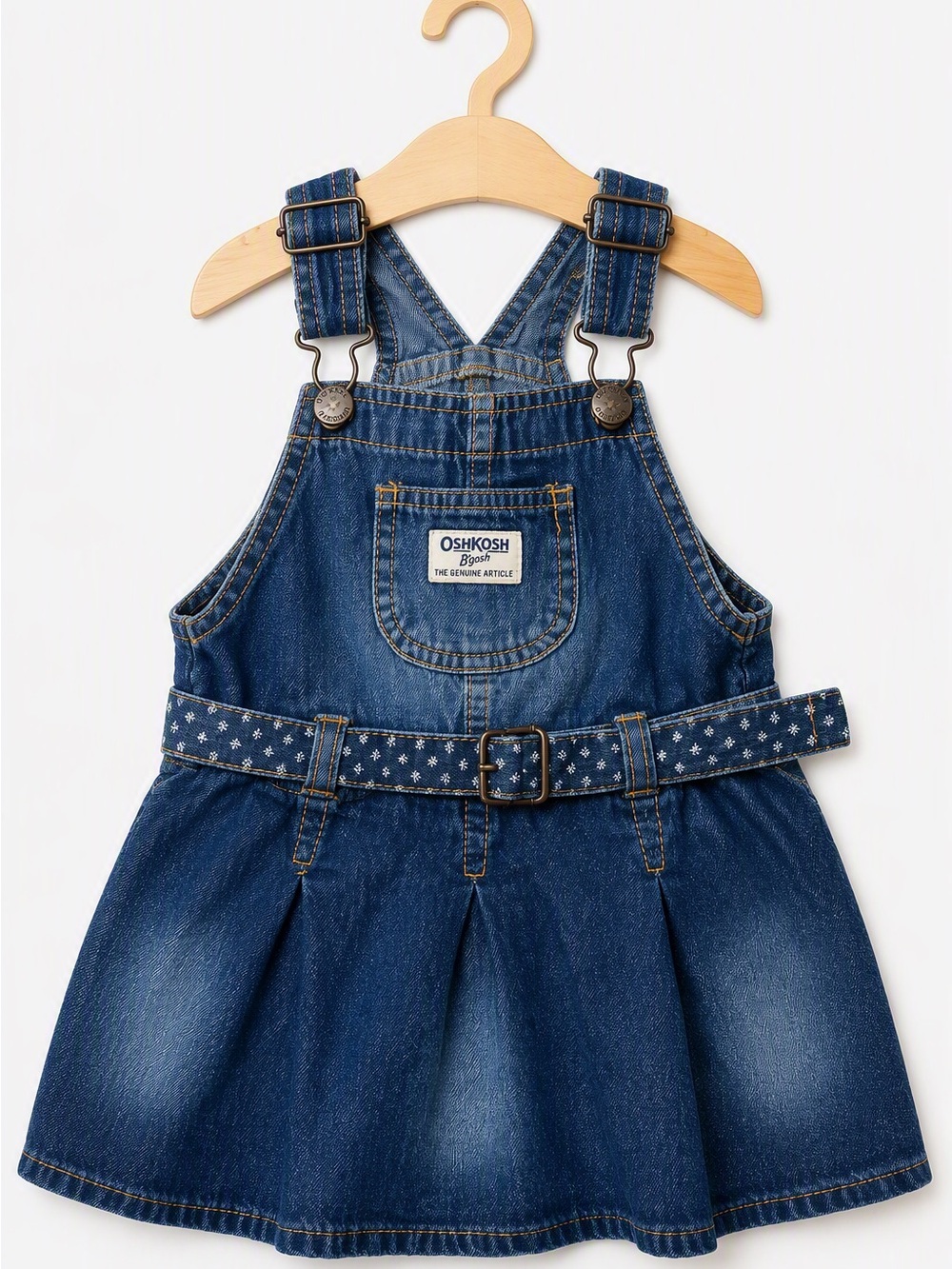 OshKosh B'gosh Belted Star Print Pleated Denim Jumper Dress 24M Retro Style